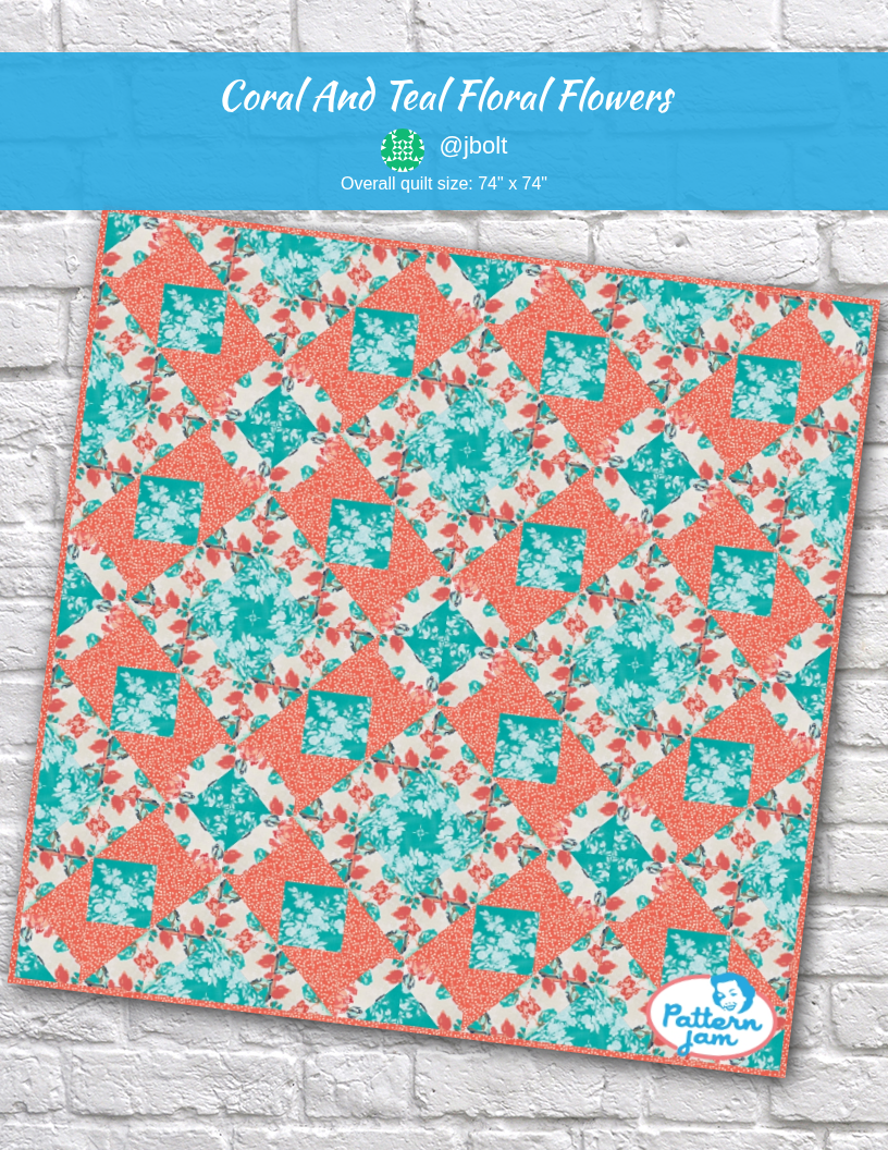 Coral and Teal Floral Flowers - custom quilt designed by @jbolt using PatternJam quilt design software