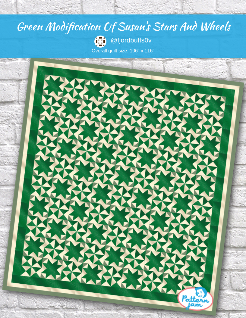Green modification of Susan’s Stars and wheels - custom quilt designed by &#64;fjordbuffs0v using PatternJam quilt design software