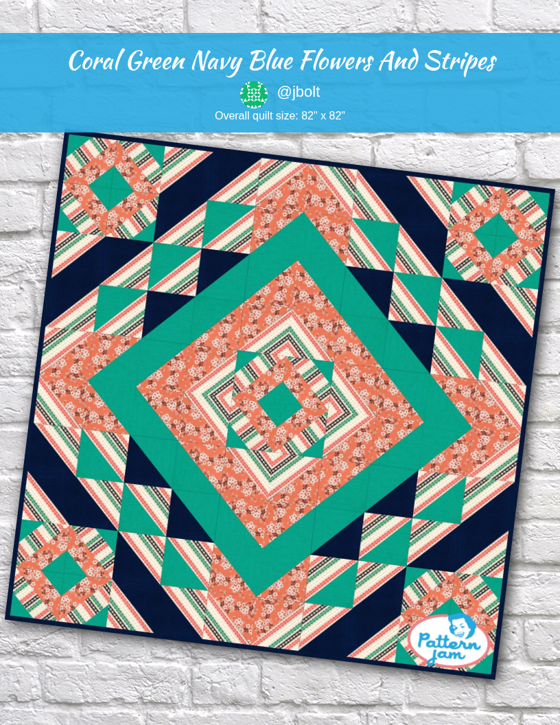 Coral Green Navy Blue Flowers and Stripes - custom quilt designed by @jbolt using PatternJam quilt design software
